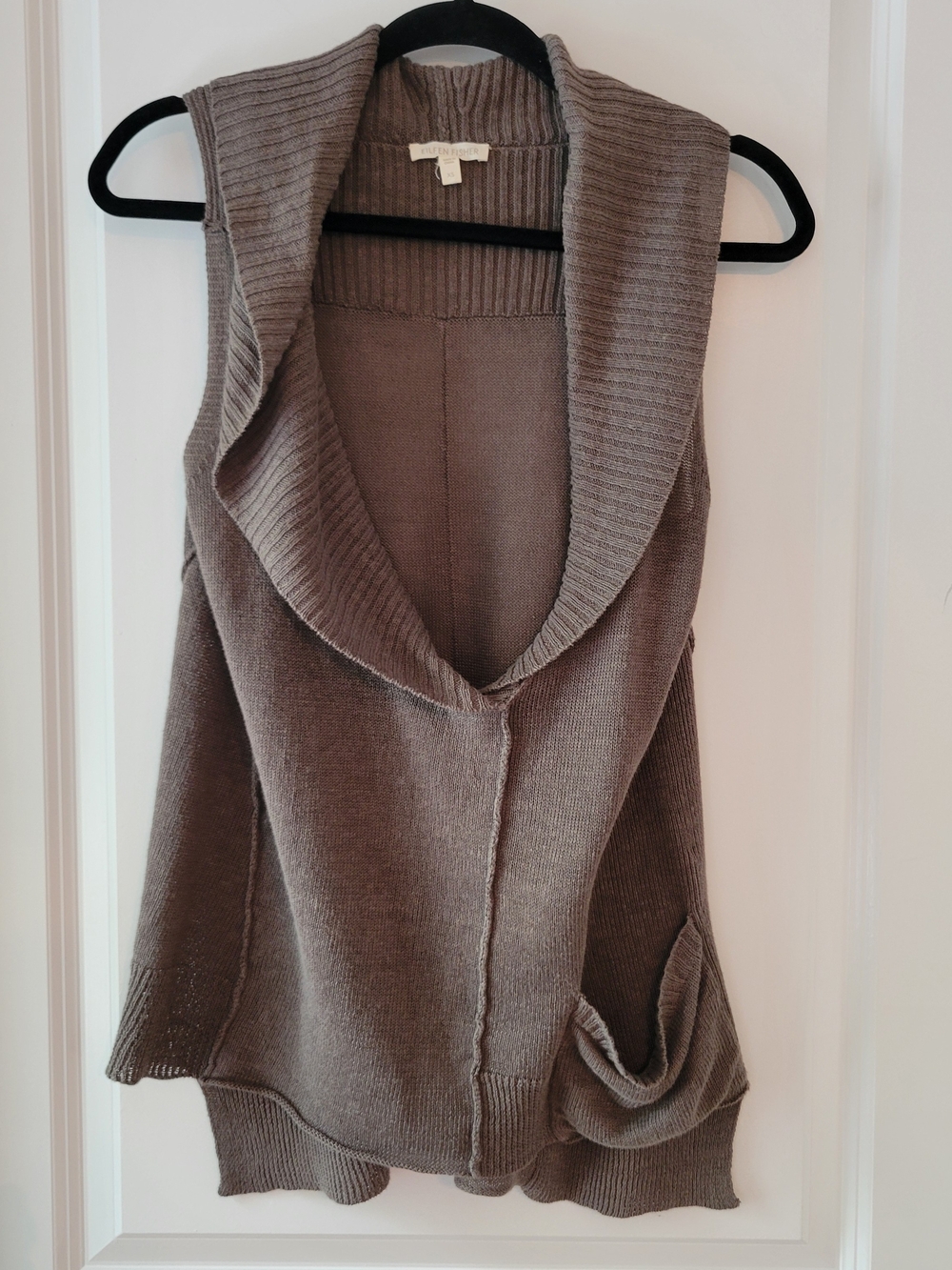 Eileen Fisher Taupe Ribbed Shawl-Collar Sleeveless Cardigan